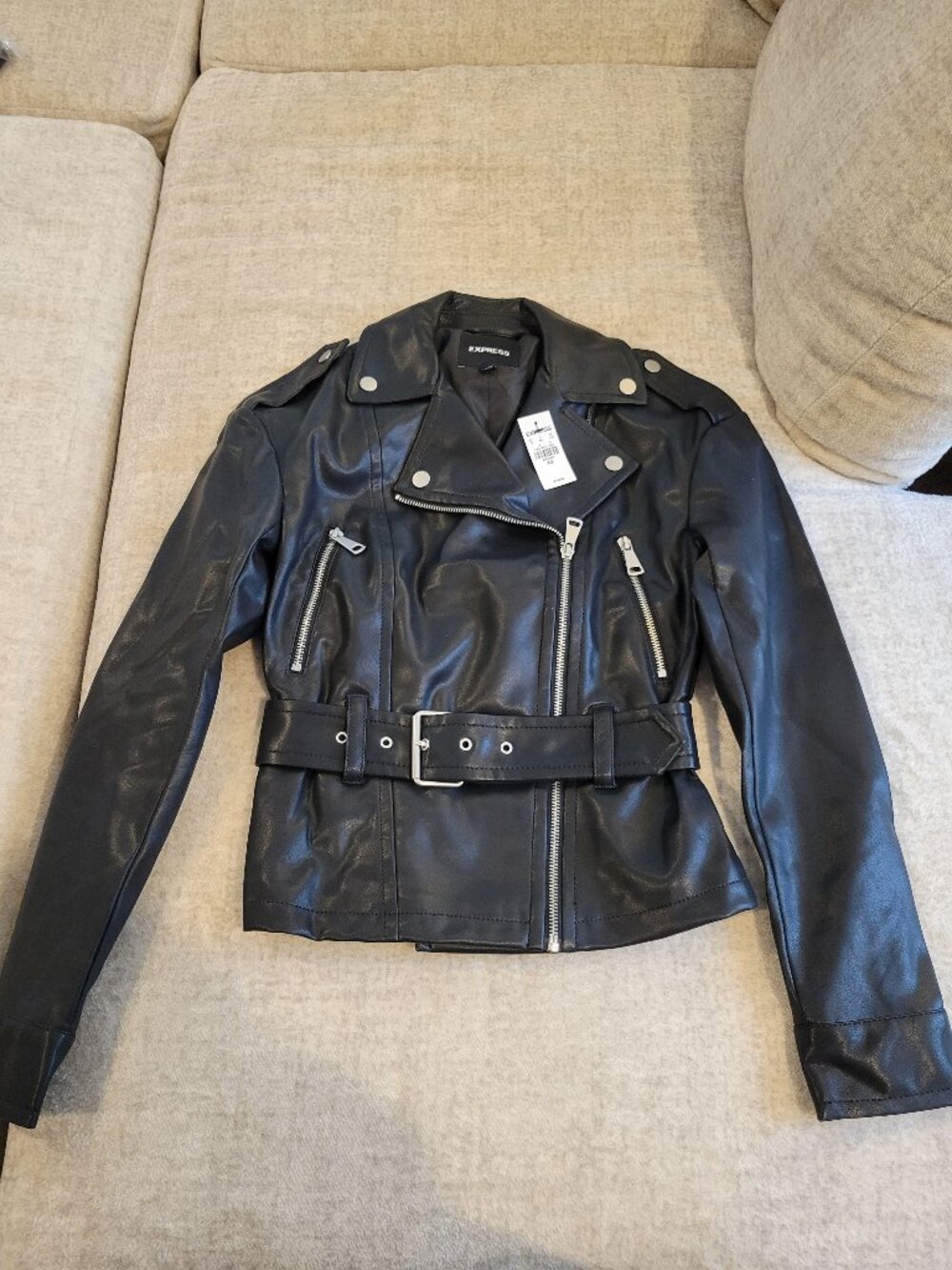 New with Tag Black Faux Leather Express Women's Jacket, Silver Colored Hardware